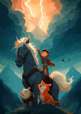 Boy, Horse, and Animals Under Lightning
