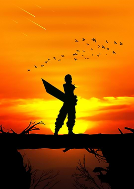 Silhouette of Warrior with Sword at Sunset