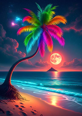 Rainbow Palm Tree Beach at Night