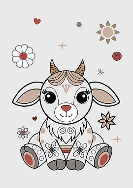 Plush Goat Toy with Floral Decorations.