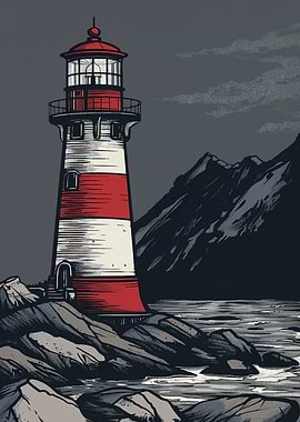 Lighthouse on Rocky Coastline Illustration