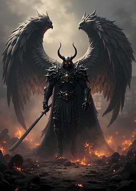 Dark Angel Warrior in Fiery Landscape