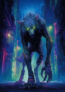 Cyberpunk Werewolf in Cityscape