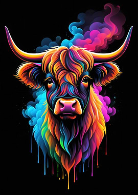 Colorful Highland Cow Portrait on Black