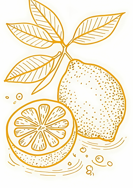 Lemon Illustration with Leaves and Slice
