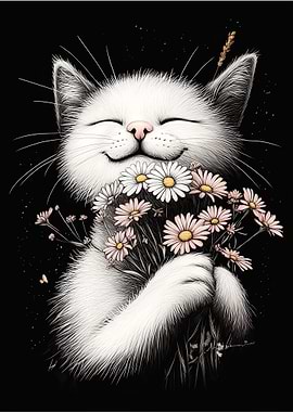 Happy Cat with Flowers