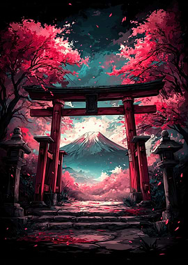 Japanese Torii Gate with Mount Fuji