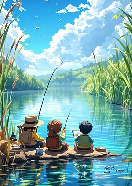 Children Fishing Calm Lake