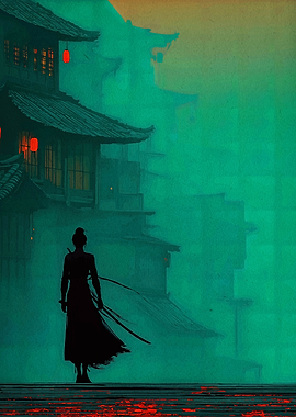 Silhouette of a Warrior in Asian Setting