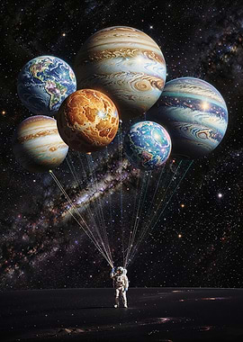 Astronaut Holding Planet Balloons in Space