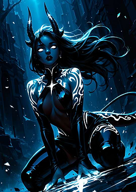 Blue Demon Girl with Horns