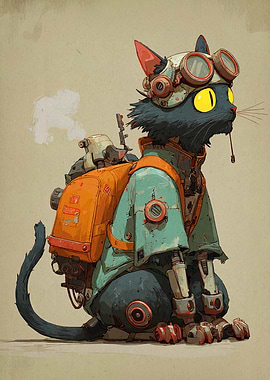Steampunk Cat with Backpack and Goggles