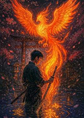 Samurai and Phoenix in Japanese Shrine Landscape