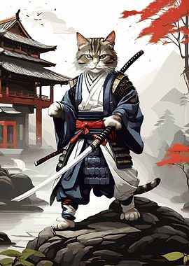 Samurai Cat Japanese Landscape