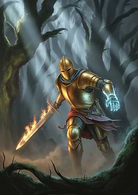 Golden Knight in Forest with Flaming Sword