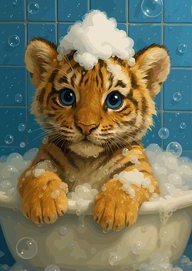 Cute Tiger Cub in Bathtub