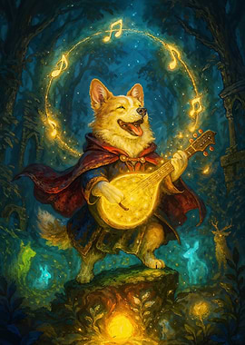 Glowy Corgi Bard in Enchanted Forest