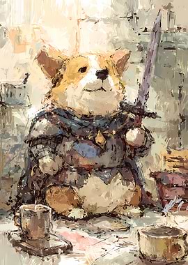 Corgi Knight with Sword and Coffee