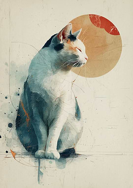 Watercolor Cat Portrait with Moon