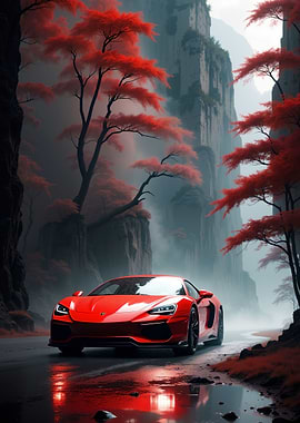 Red Car in Autumn Landscape