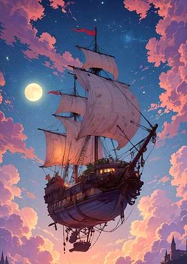 Fantasy Airship Moon Landscape