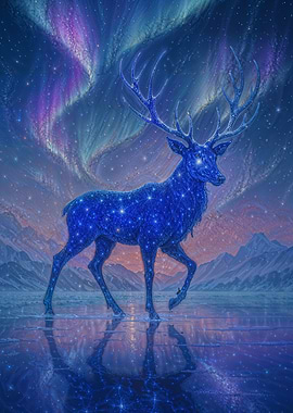 Celestial Starry Deer Under Aurora Borealis