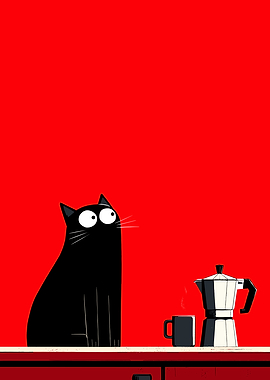 Black Cat and Coffee Still Life