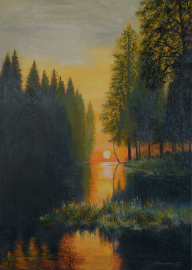 Sunset over a tranquil lake painting