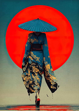 Japanese Kimono with Umbrella and Red Sun