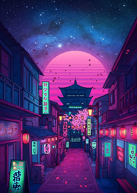 Neon Japanese Street with Temple