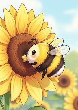Cute Bee on Sunflower Illustration