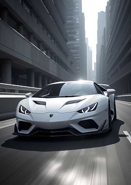 White Lamborghini in Cityscape