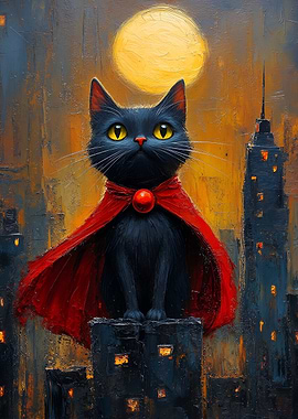 Super Cat in Cityscape Painting