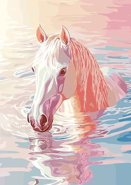 White Horse in Water Painting