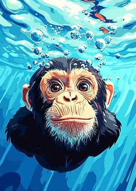 Chimpanzee underwater with bubbles illustration
