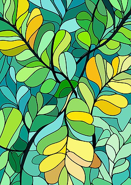 Abstract Leaves Stained Glass Style
