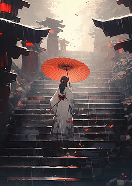 Woman in Kimono with Umbrella on Stairs