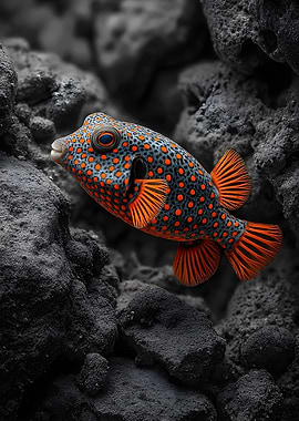 Orange-spotted fish in rocky environment