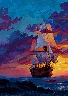 Sailing Ship at Sunset Painting