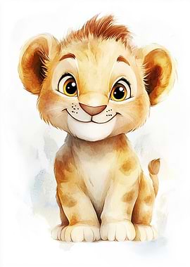 Cute Lion Cub Watercolor Illustration