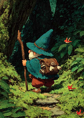 Gnome in Forest with Birds
