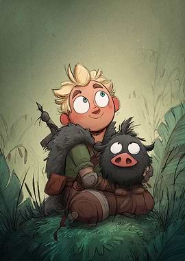 Boy and Piglet in the Forest