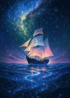 Celestial Sailboat Under Starry Night Sky