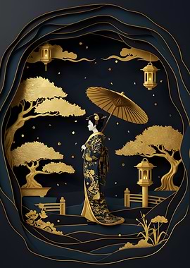 Geisha in Golden Japanese Garden