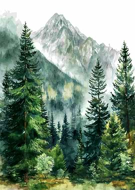 Watercolor Mountain and Forest Landscape