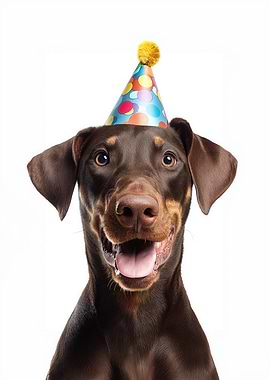 Happy Birthday Doberman Dog with Party Hat