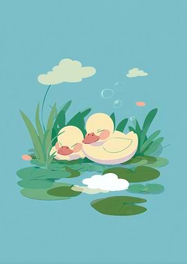 Two Ducks Sleeping on Lily Pads