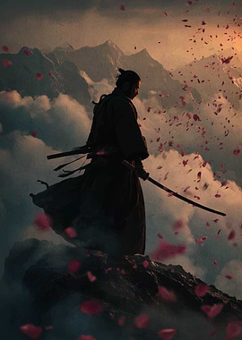 Samurai in the Mountains with Petals