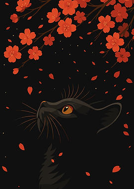 Black Cat Under Cherry Blossoms