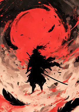 Silhouette Samurai with Red Moon